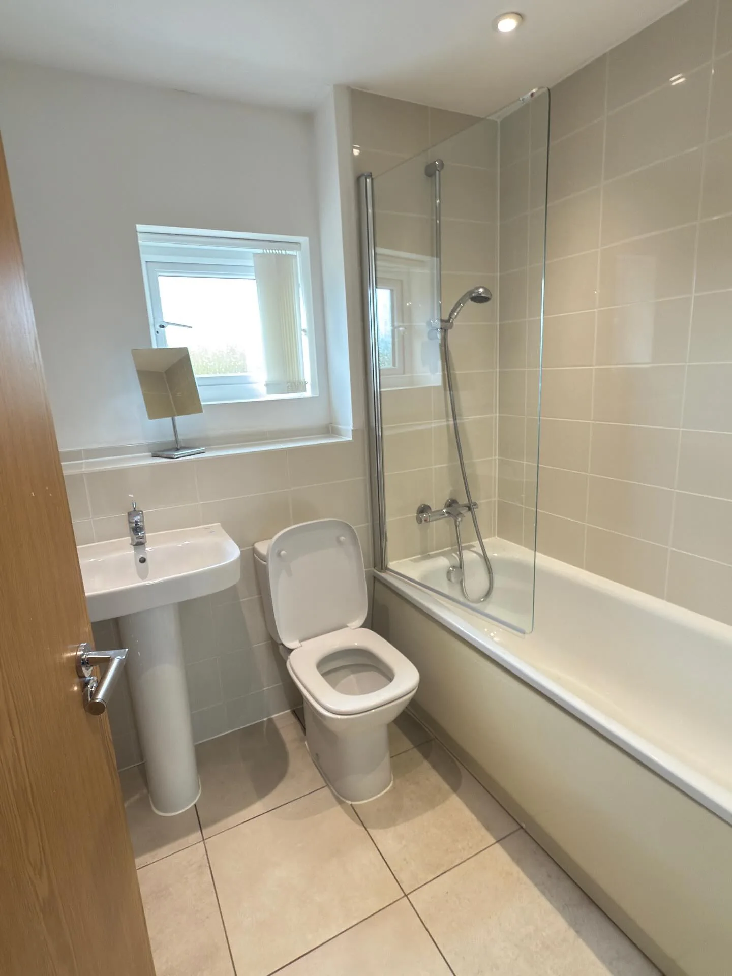 Modern bathroom with spotless toilet, sink and glass shower screen