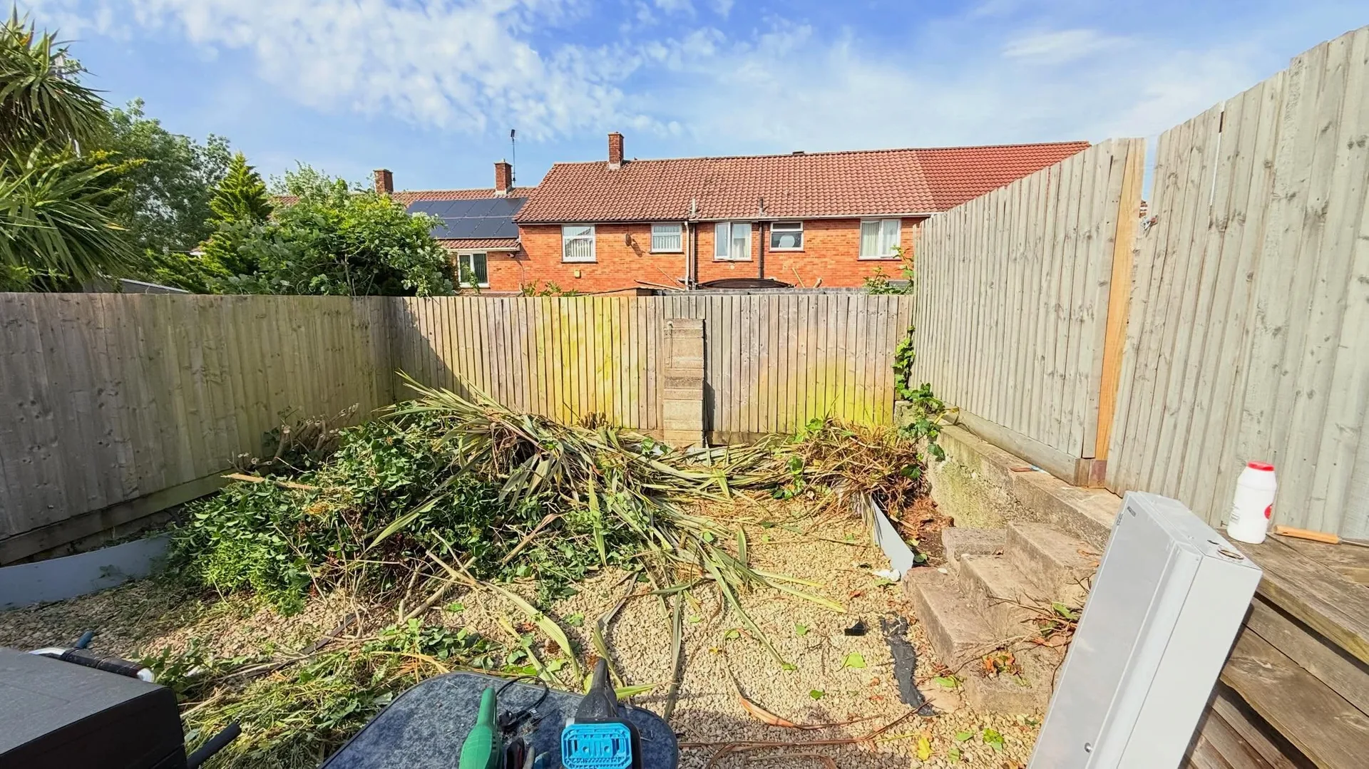 Garden buried under cut branches and green waste before clearance