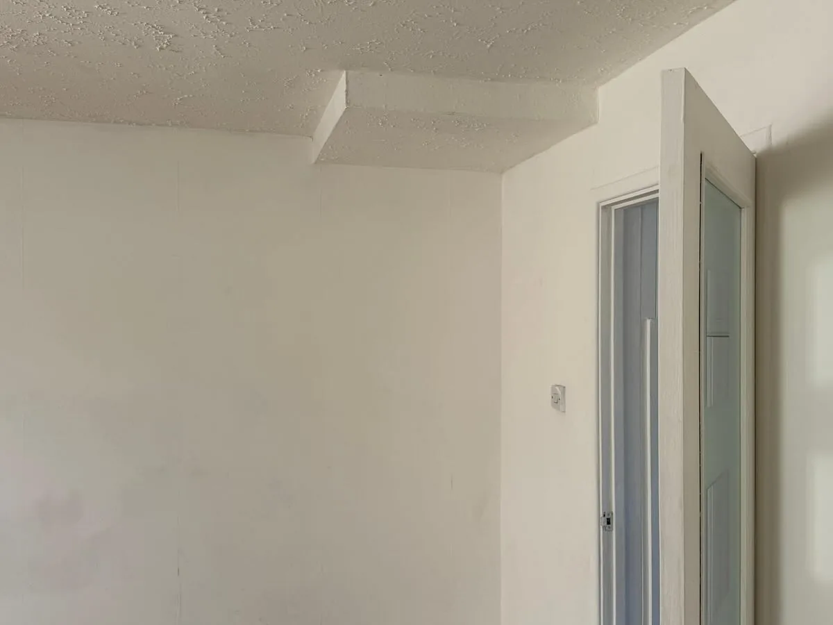 Freshly painted corner with a crisp white door frame