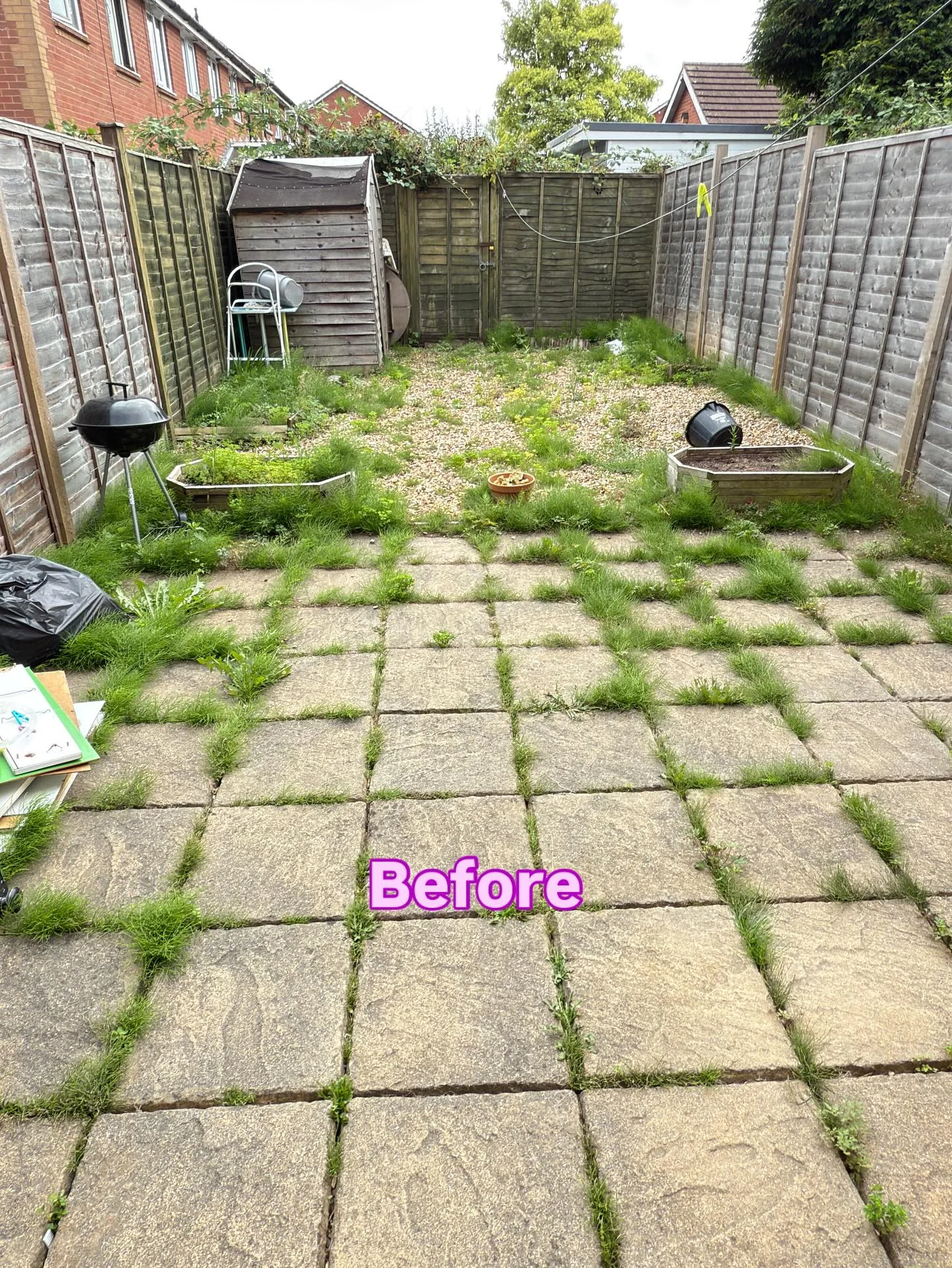 Overgrown, weed-covered patio before Osapire Enterprise cleared and cleaned it